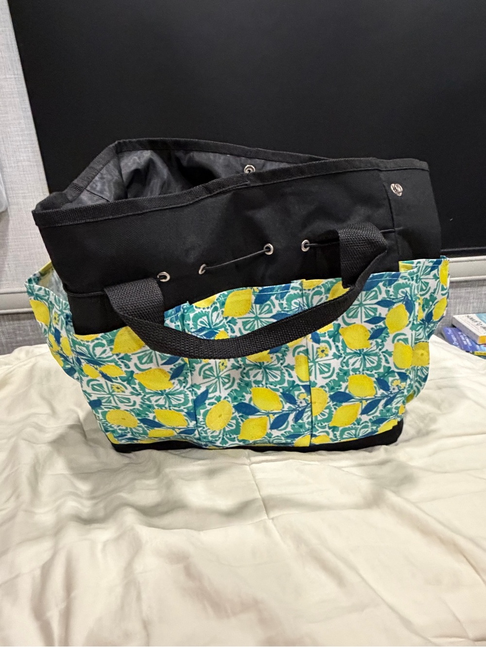 Canvas Tote Bag with Lemon Print - Black and Yellow Garden Tool Bag.